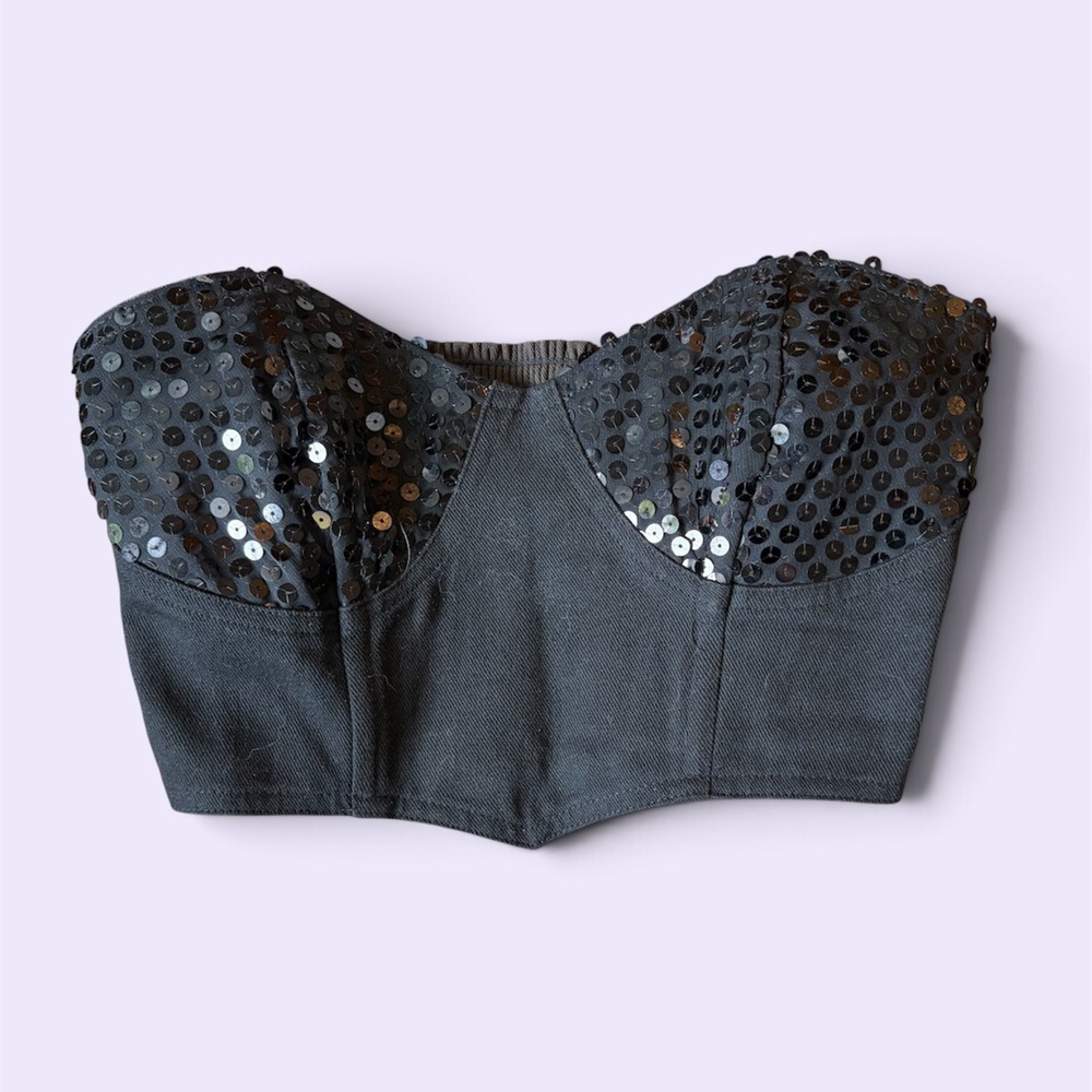 Switch USA Vintage 90s Y2K Strapless Bustier Corset Black Sequin Crop Top Sz M